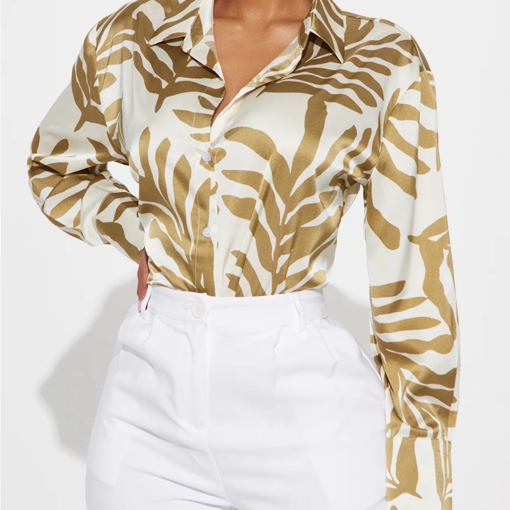 Fashion Nova Great Impressions Printed Satin Button Down Shirt in Cream/Olive